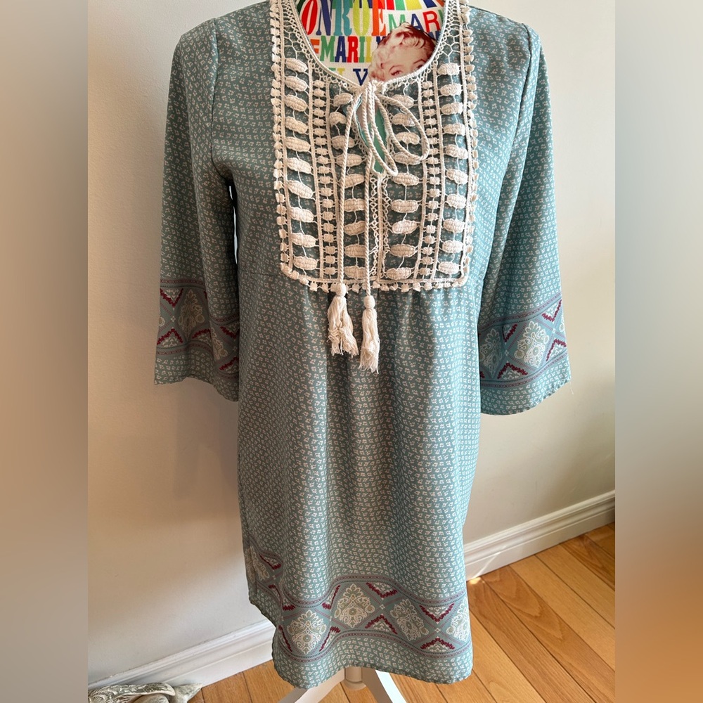 Made in USA Elegant Teal and Cream Boho Style Women's Dress by Love Kuza